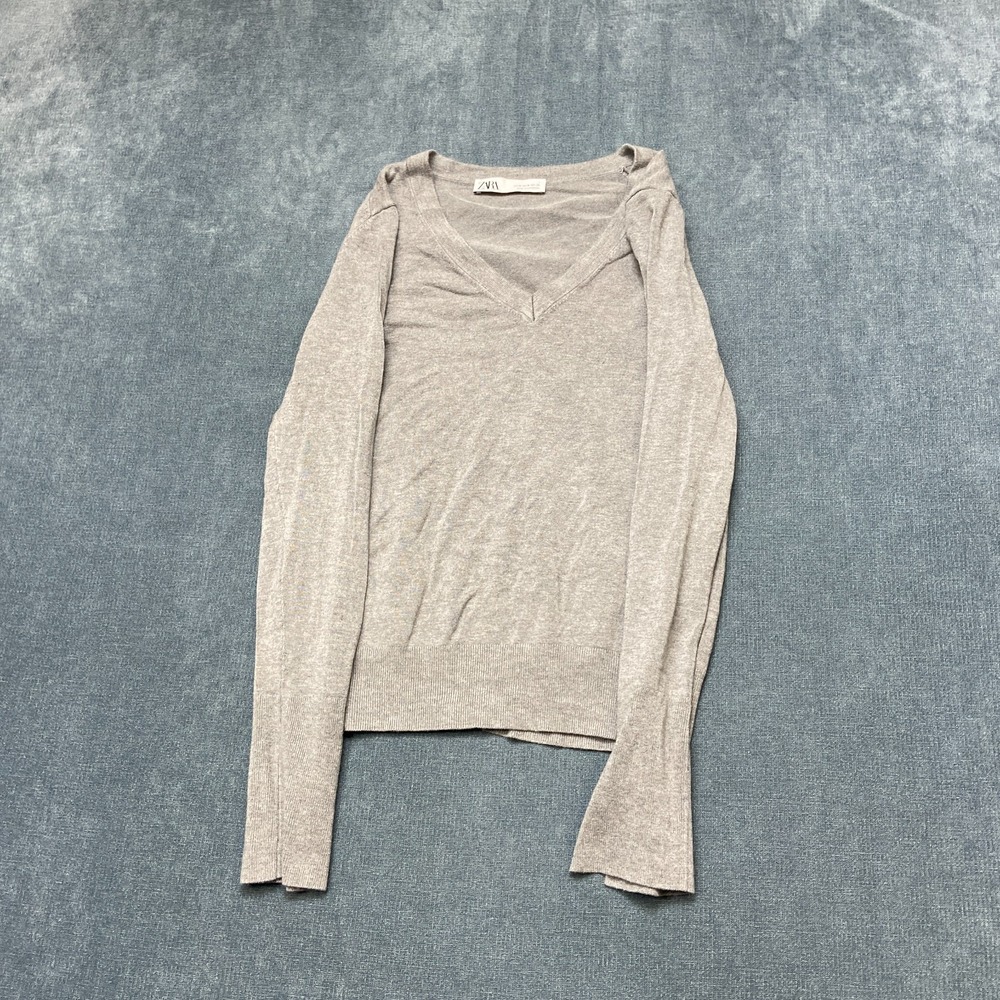 Zara Sweater Womens Medium Gray V Neck Casual Fit Long Sleeve Winter Ribbed Hem